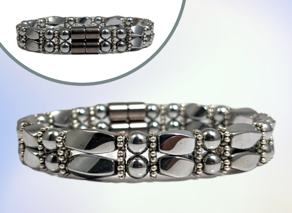 Magnetic Silver Hematite Double Bracelet with two Magnetic Clasps